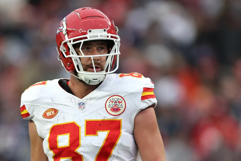 Travis Kelce #87 of the Kansas City Chiefs looks on during the game against the New England Patriots